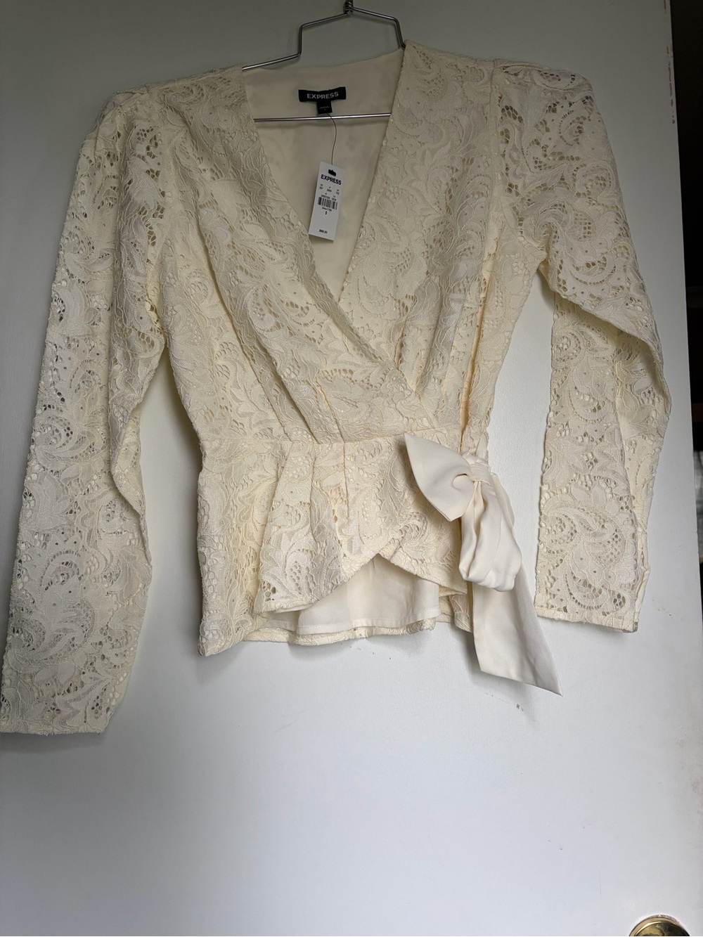 Express Cream Lace Wrap Blouse with Side Tie